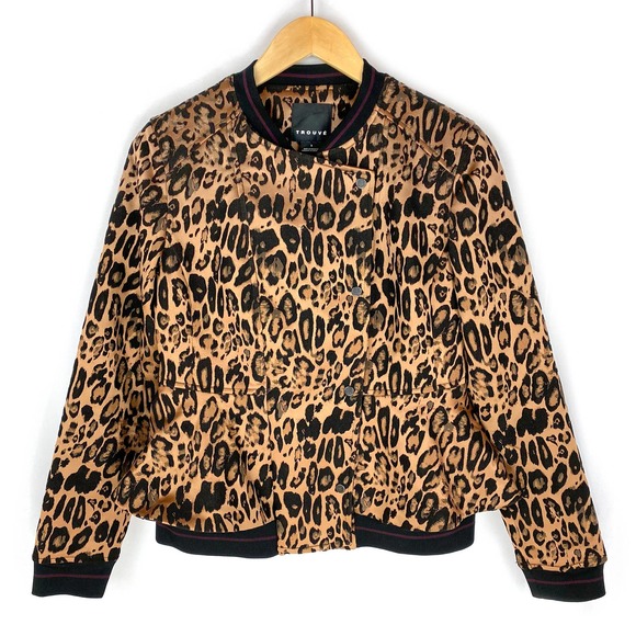 Trouve Bomber Jacket Leopard Cheetah Tan Black Peplum Zip Coat S - Picture 1 of 11